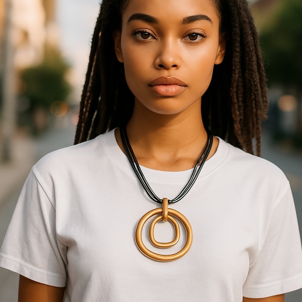 Chico’s Gold Toned Rings Pendant Leather Chocker Necklace
